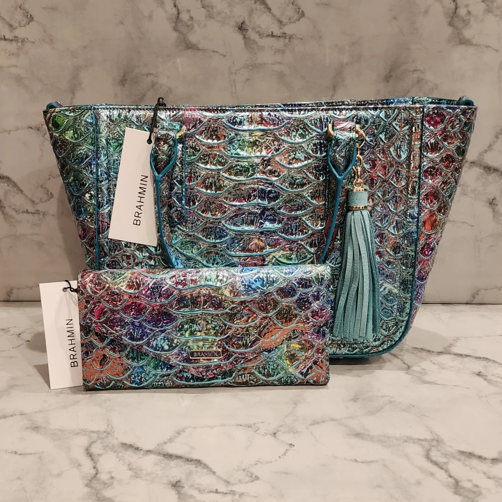 Brahmin Frisky Montego Set Small Ashlee Crossbody Bag Veronica Wallet Iridescent